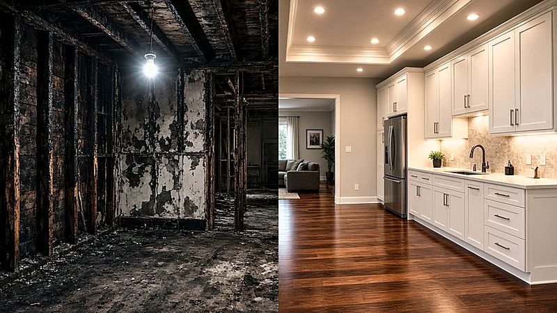 Split before-and-after view illustrating interior fire and smoke restoration, from charred wall studs on the left to a rebuilt modern kitchen on the right
